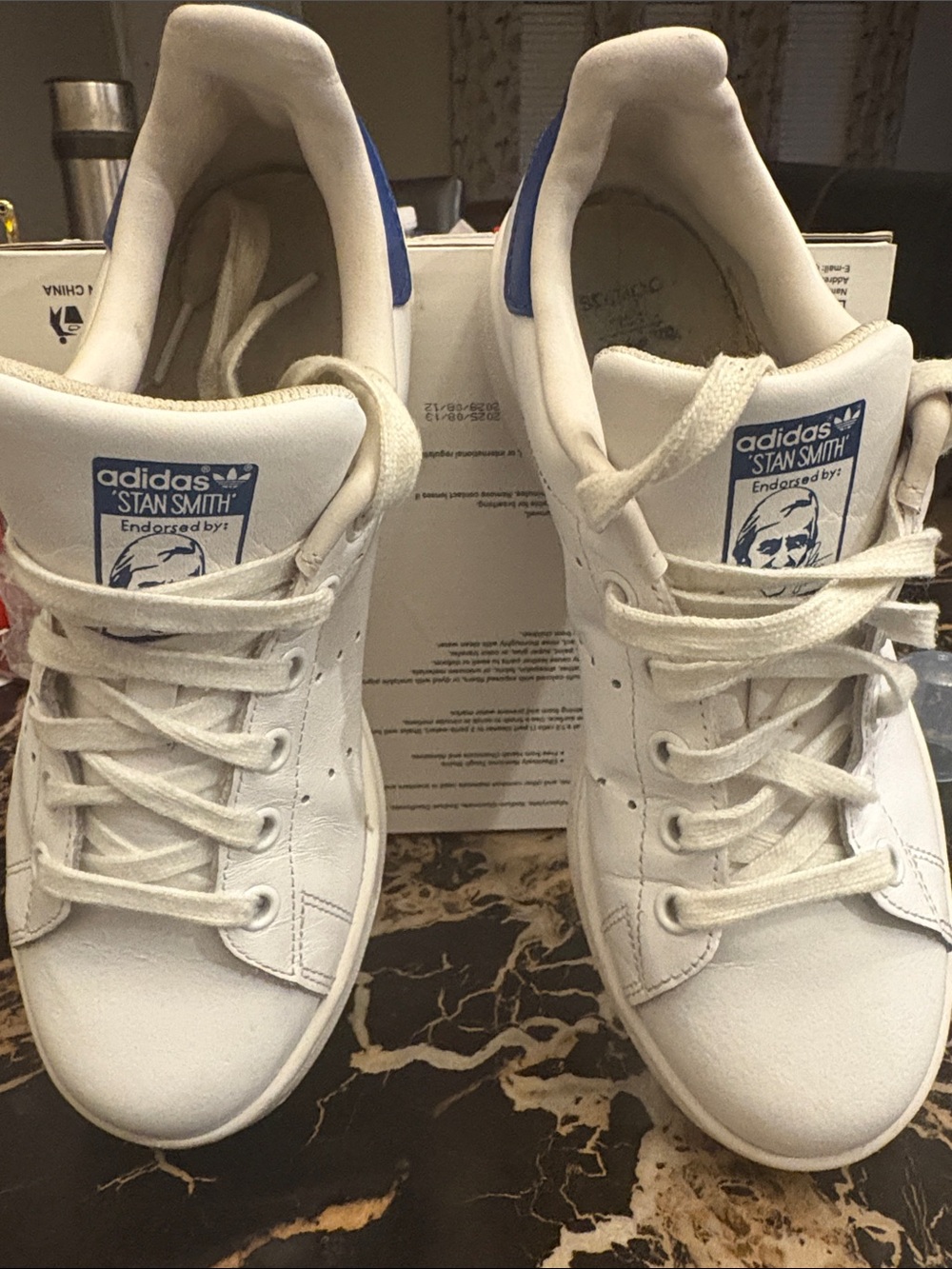 adidas Stan Smith Kids White Sneakers with Blue Heel Tab